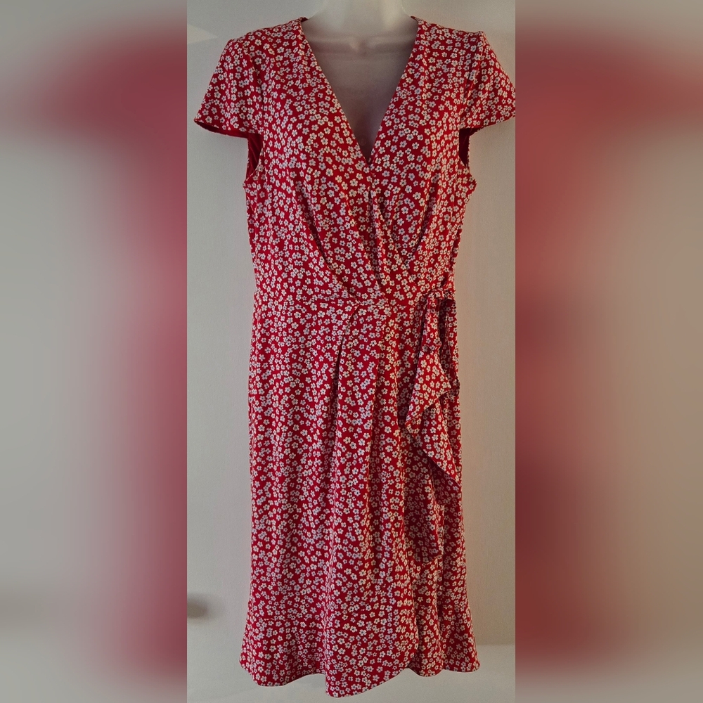 Jessica Howard Faux Wrap Fully Lined Sz 10 Euc Red And White Back Zipper Midi